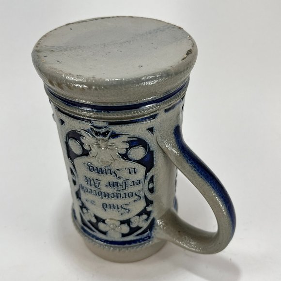 Vtg German Stein Beer Mug Cobalt Blue Grey Salt Glazed 16 oz Embossed Rustic 90s - Picture 8 of 13